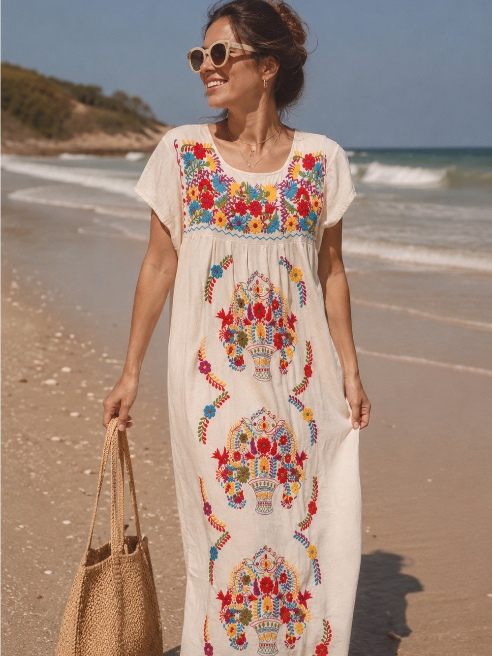 Boho Embroidered Maxi Dress - Cream with Multicolor Floral Embroidery